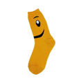 Crew socks in bright yellow with a black and white smiley face design on the top.
