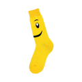 A single yellow crew sock with a simple black smiley face design. The sock is shown from the side.