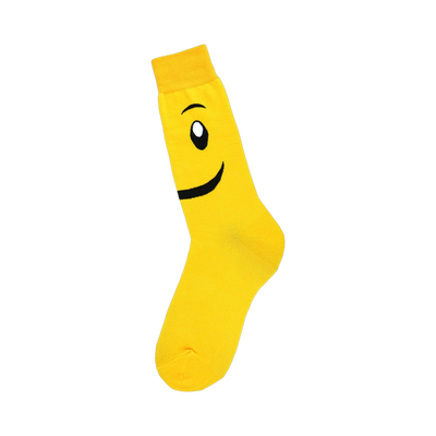 A single yellow crew sock with a simple black smiley face design. The sock is shown from the side.