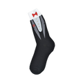 A single black crew sock with a tuxedo design. The design shows a grey tuxedo front, white shirt, red bow tie and gold buttons.
