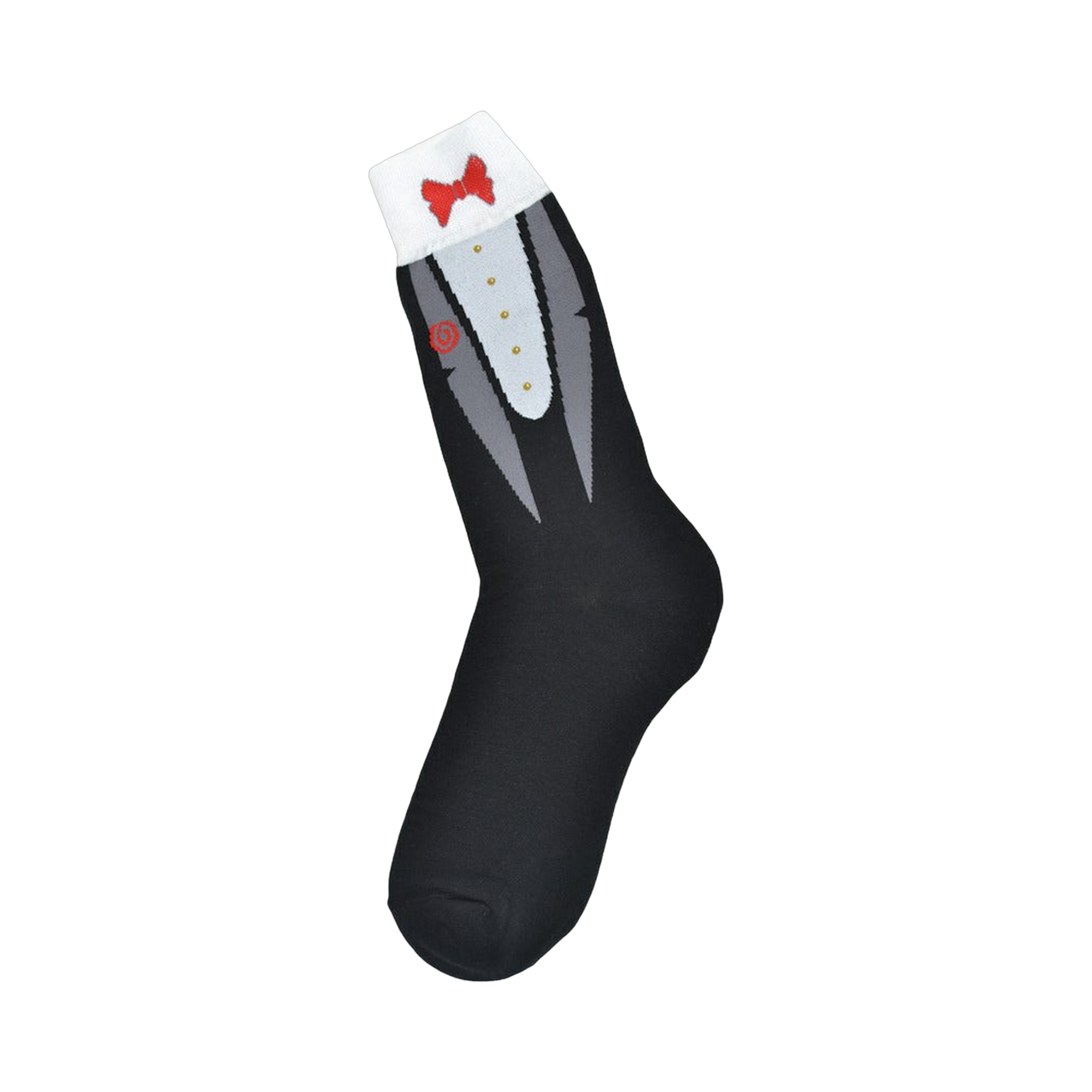 A single black crew sock with a tuxedo design. The design shows a grey tuxedo front, white shirt, red bow tie and gold buttons.