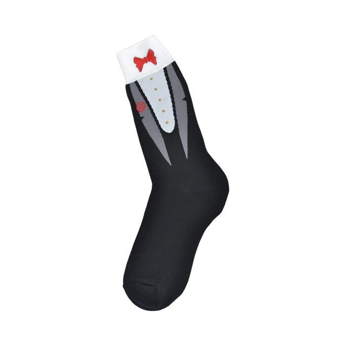 A single black crew sock with a tuxedo design. The design shows a grey tuxedo front, white shirt, red bow tie and gold buttons. }}