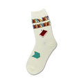 Cream crew socks with a bookshelf and single book design.  Features teal, red, and multicolor books on a cream background.