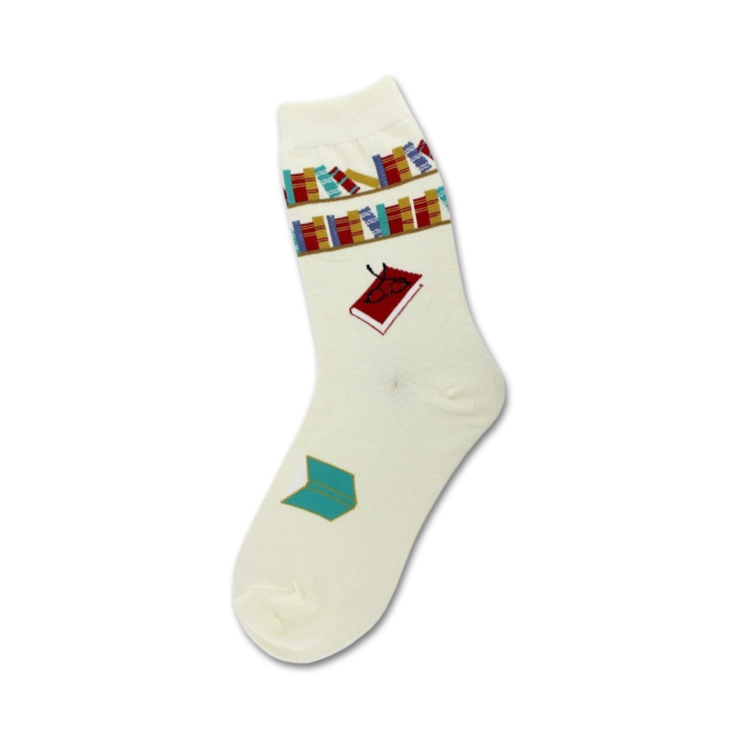 Cream crew socks with a bookshelf and single book design.  Features teal, red, and multicolor books on a cream background.
