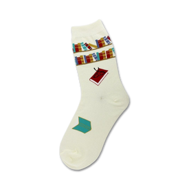 white crew socks with a colorful pattern of bookshelves, books, and an open book. perfect for women who love to read.  