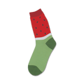 Crew socks featuring a watermelon design. Red top with black seeds, white stripe, and light green bottom with a dark green heel and toe.