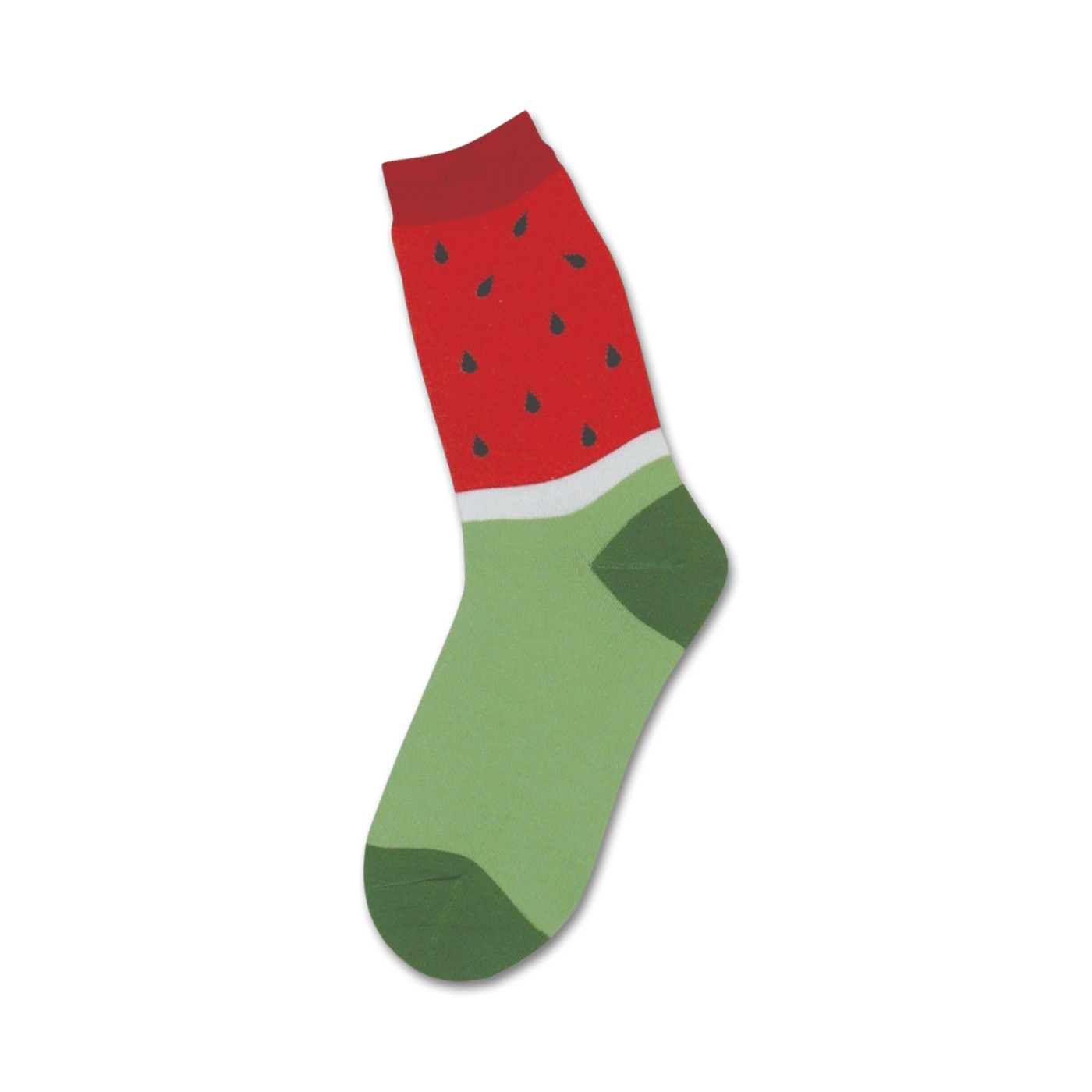 Crew socks featuring a watermelon design. Red top with black seeds, white stripe, and light green bottom with a dark green heel and toe.