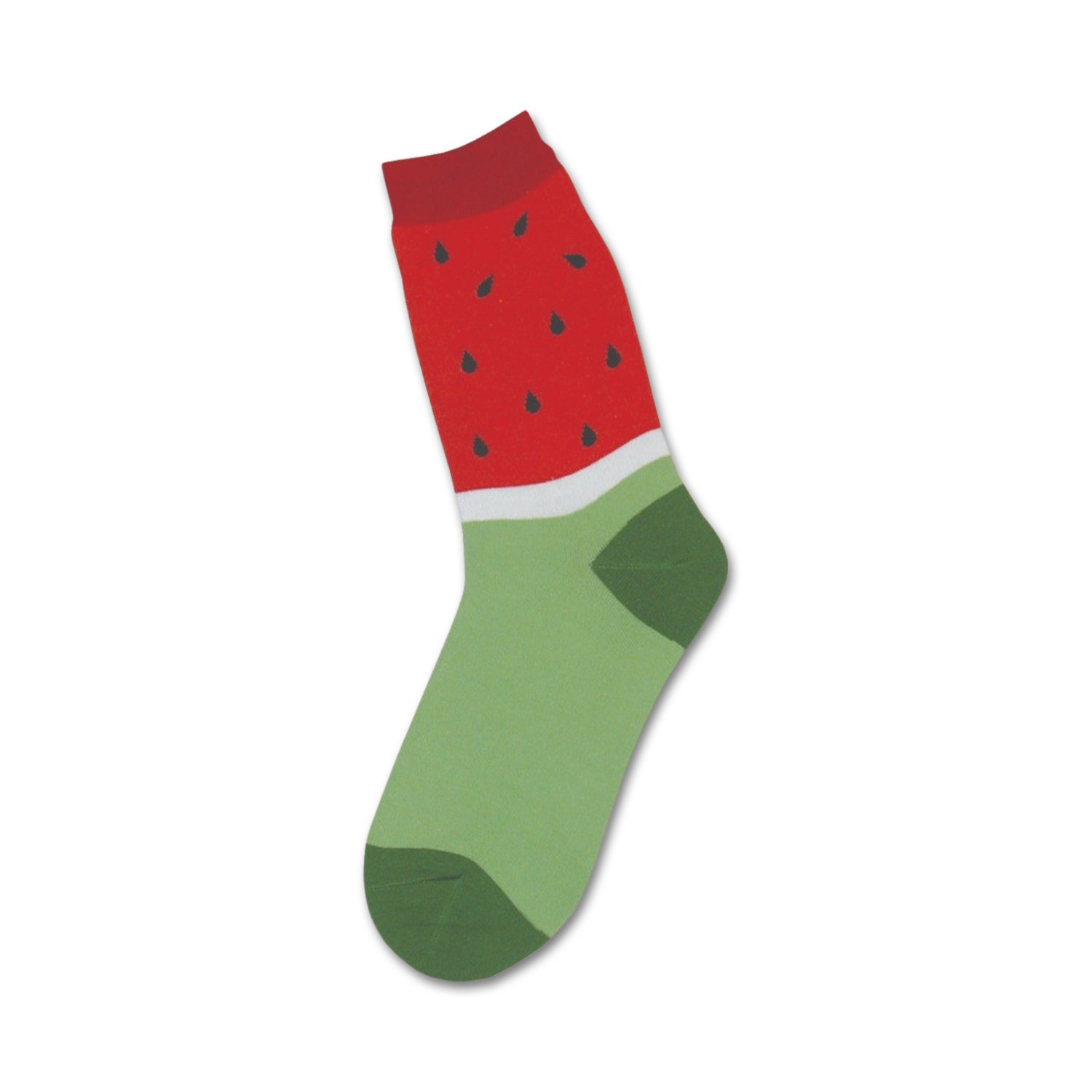 Crew socks featuring a watermelon design. Red top with black seeds, white stripe, and light green bottom with a dark green heel and toe.