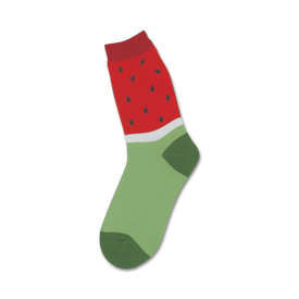 crew length watermelon pattern socks made from soft cotton blend. fun and colorful accessory.  