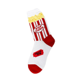 Crew sock with red and white popcorn bucket design and 'Admit One' ticket. Yellow popcorn. Red toe and heel.