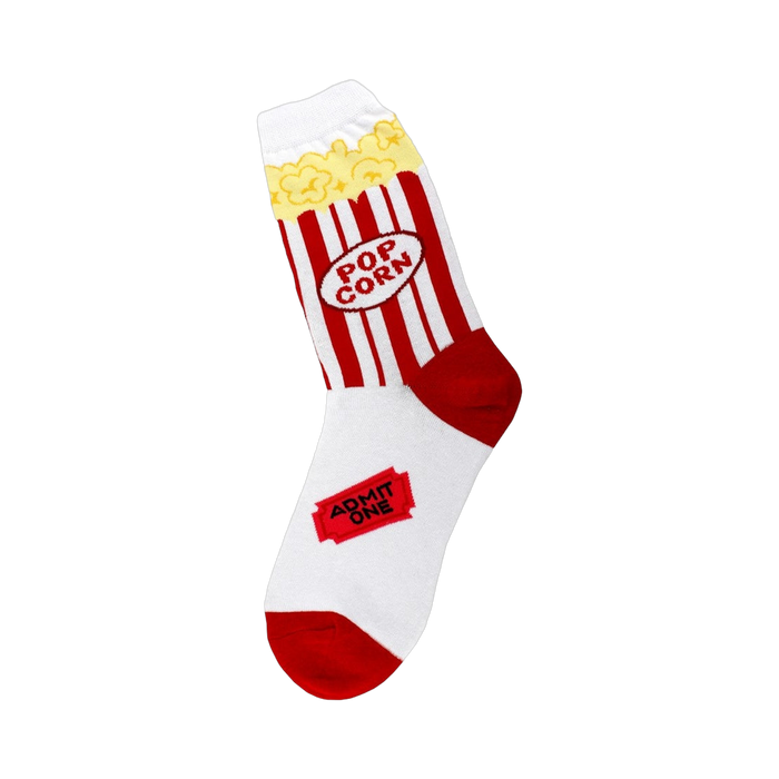 Crew sock with red and white popcorn bucket design and 'Admit One' ticket. Yellow popcorn. Red toe and heel. }}