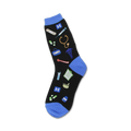 Black crew socks with colorful medical icons (syringe, stethoscope, pills) and blue cuffs.  Perfect for healthcare professionals!