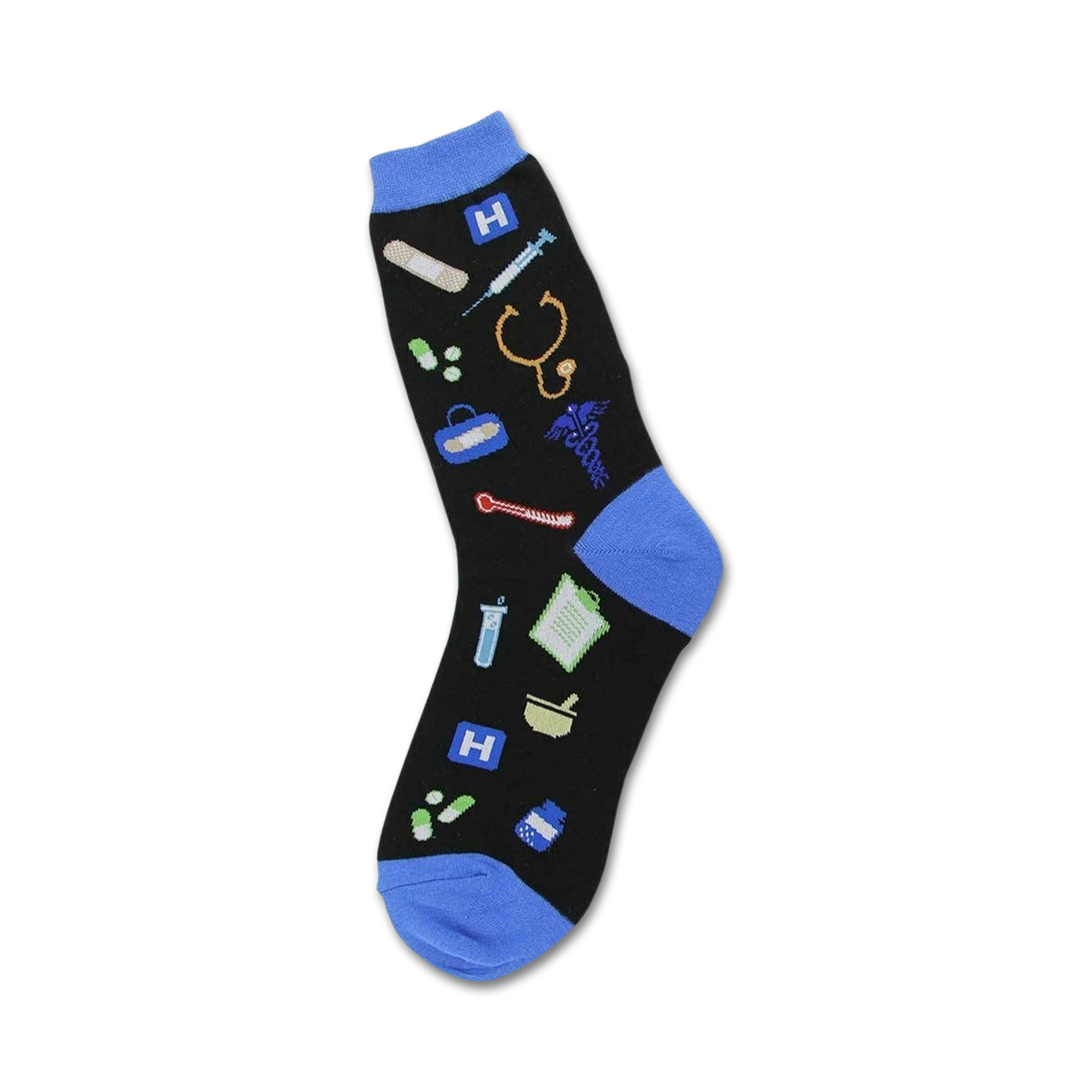 Black crew socks with colorful medical icons (syringe, stethoscope, pills) and blue cuffs.  Perfect for healthcare professionals!