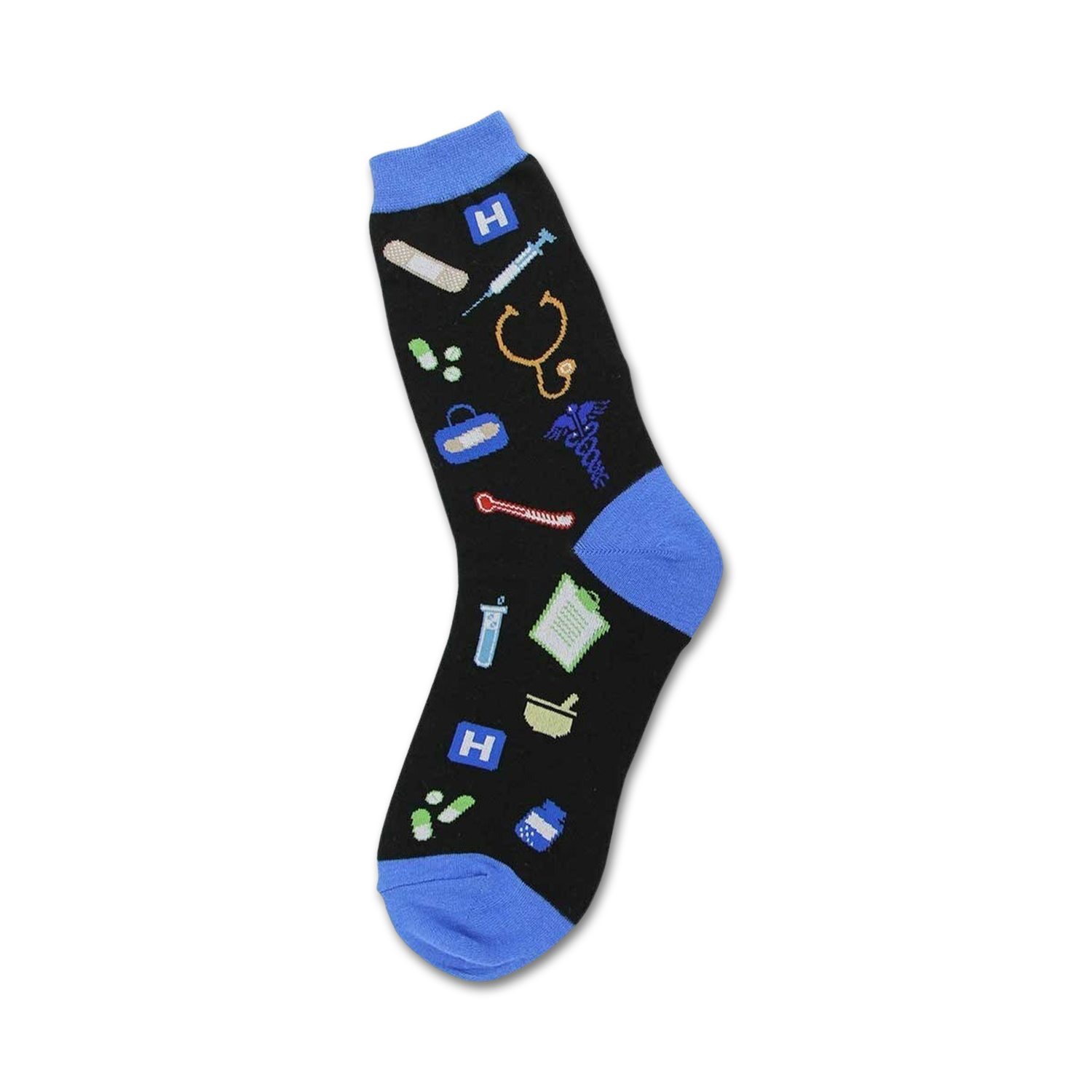 Black crew socks with colorful medical icons (syringe, stethoscope, pills) and blue cuffs.  Perfect for healthcare professionals!