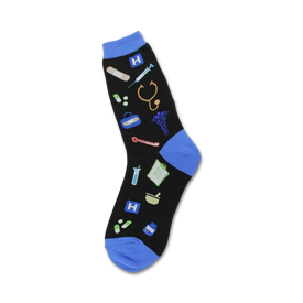 black crew socks for women showcase colorful medical symbols such as pills, stethoscope, test tube with green liquid, etc.  
