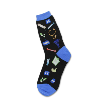 black crew socks for women showcase colorful medical symbols such as pills, stethoscope, test tube with green liquid, etc.  