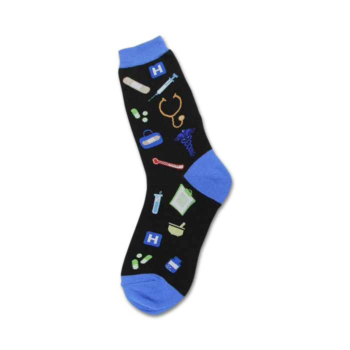 black crew socks for women showcase colorful medical symbols such as pills, stethoscope, test tube with green liquid, etc.   }}