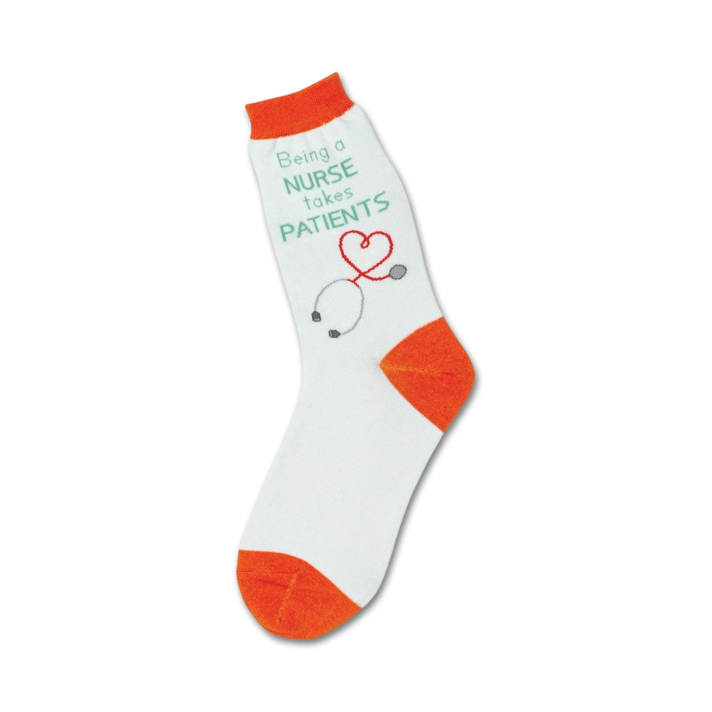 White crew socks with orange cuffs, featuring a teal phrase 'Being a nurse takes PATIENTS', a heart-shaped stethoscope graphic, and gray accents.