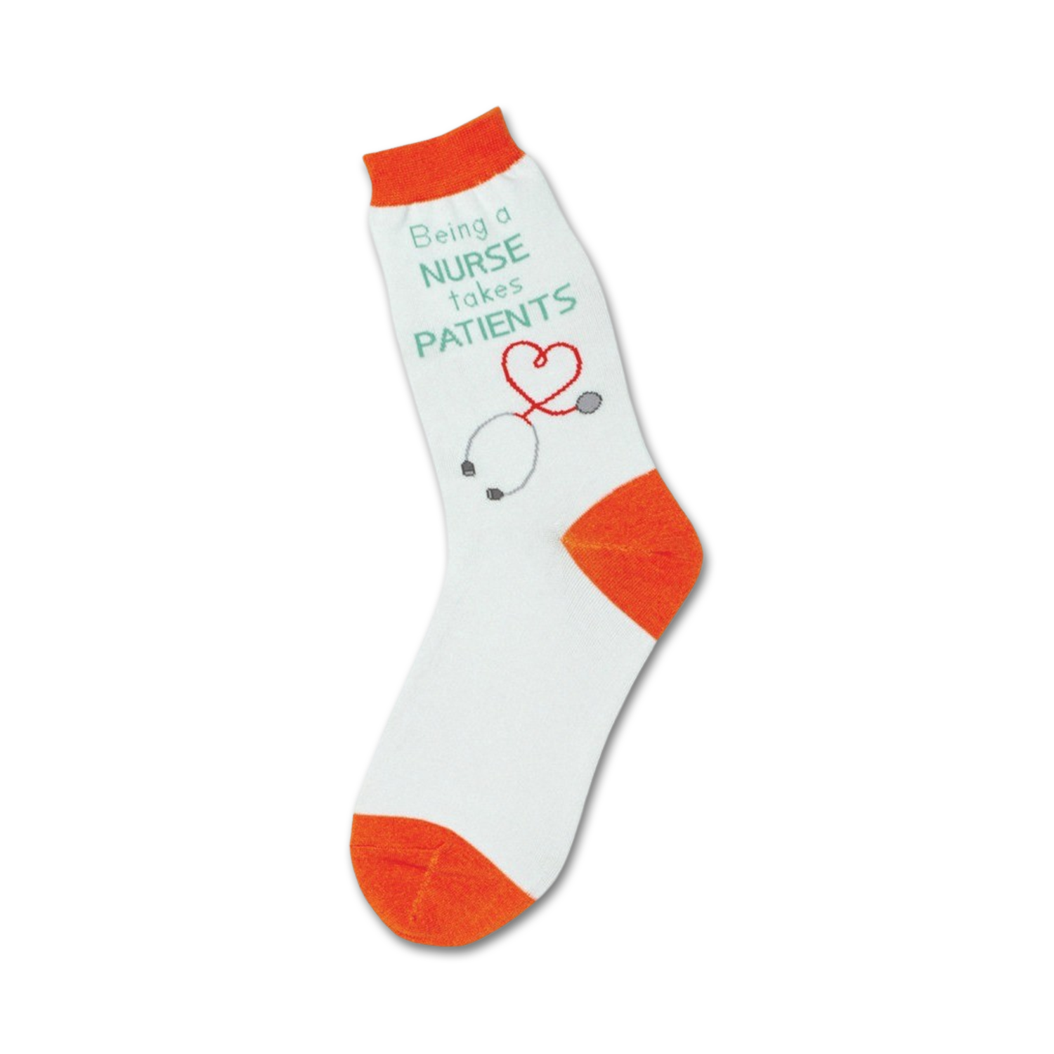 White crew socks with orange cuffs, featuring a teal phrase 'Being a nurse takes PATIENTS', a heart-shaped stethoscope graphic, and gray accents.