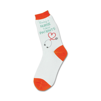 [white nurse crew socks designed for women feature stethoscope with heart and words "being a nurse takes patients"].   