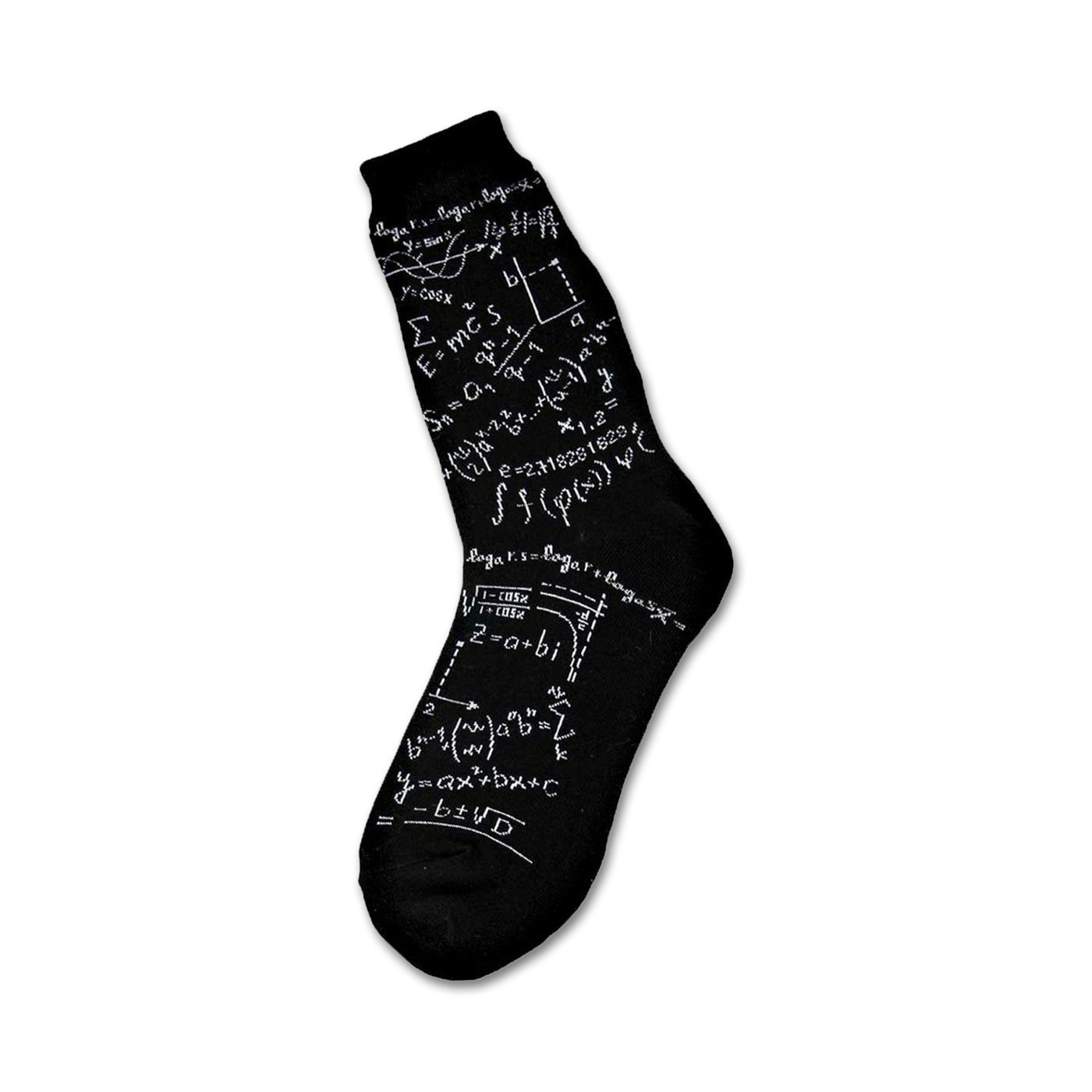 Black crew socks with white mathematical equations, formulas, and symbols printed all over.