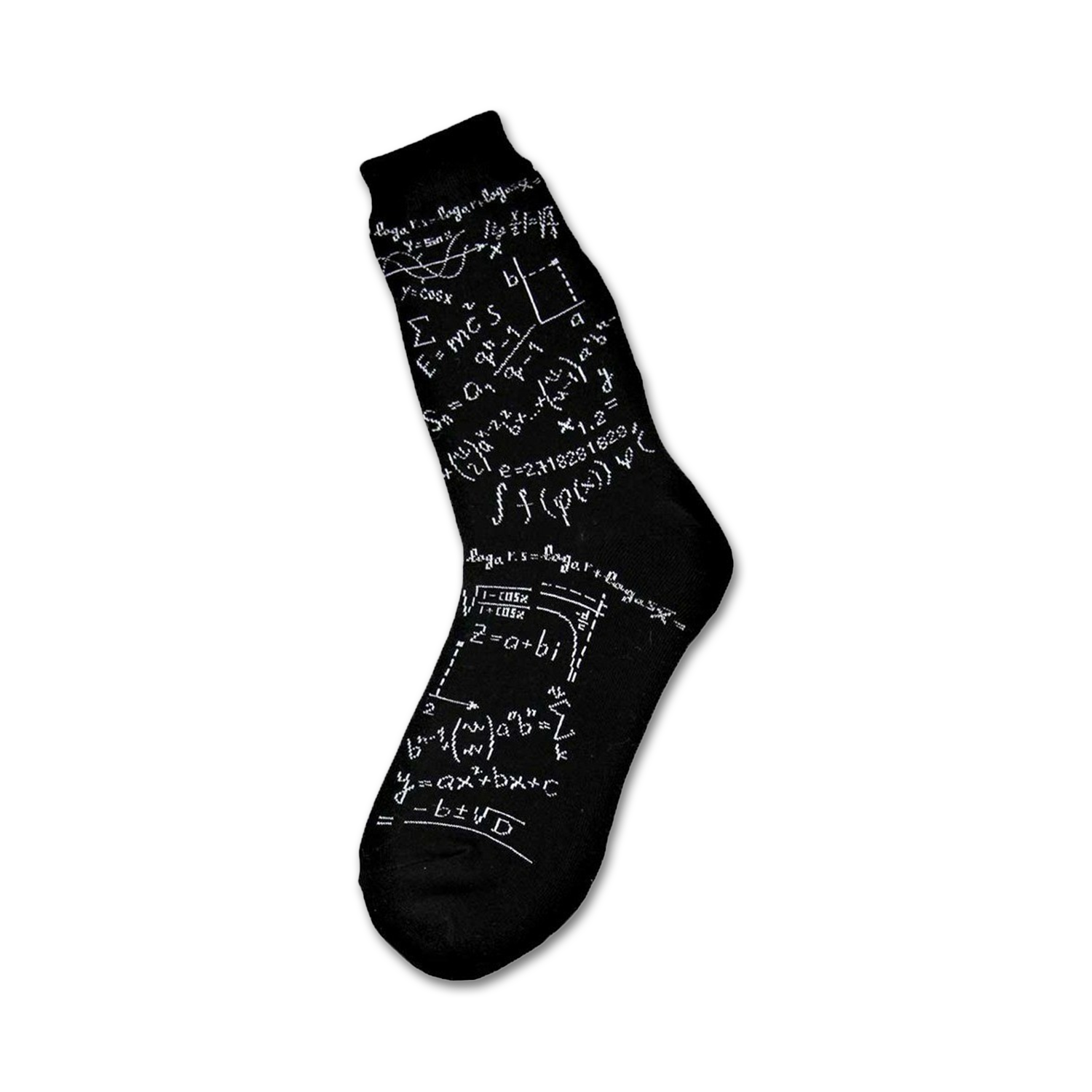 Black crew socks with white mathematical equations, formulas, and symbols printed all over.