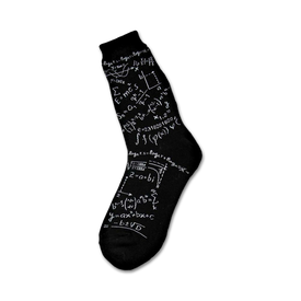 black crew socks with white equations, formulas, and symbols. perfect for the brainiac in your life.   