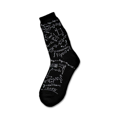 black crew socks with white equations, formulas, and symbols. perfect for the brainiac in your life.   