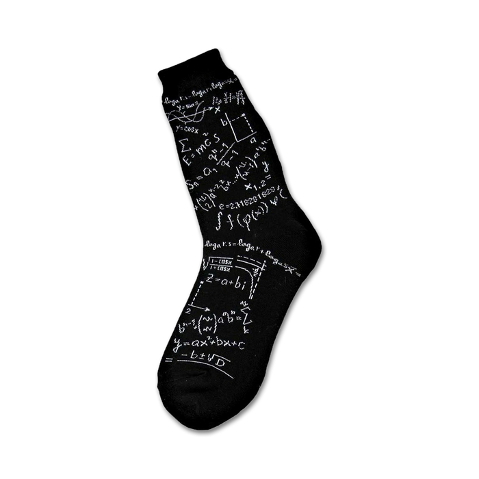 black crew socks with white equations, formulas, and symbols. perfect for the brainiac in your life.    }}