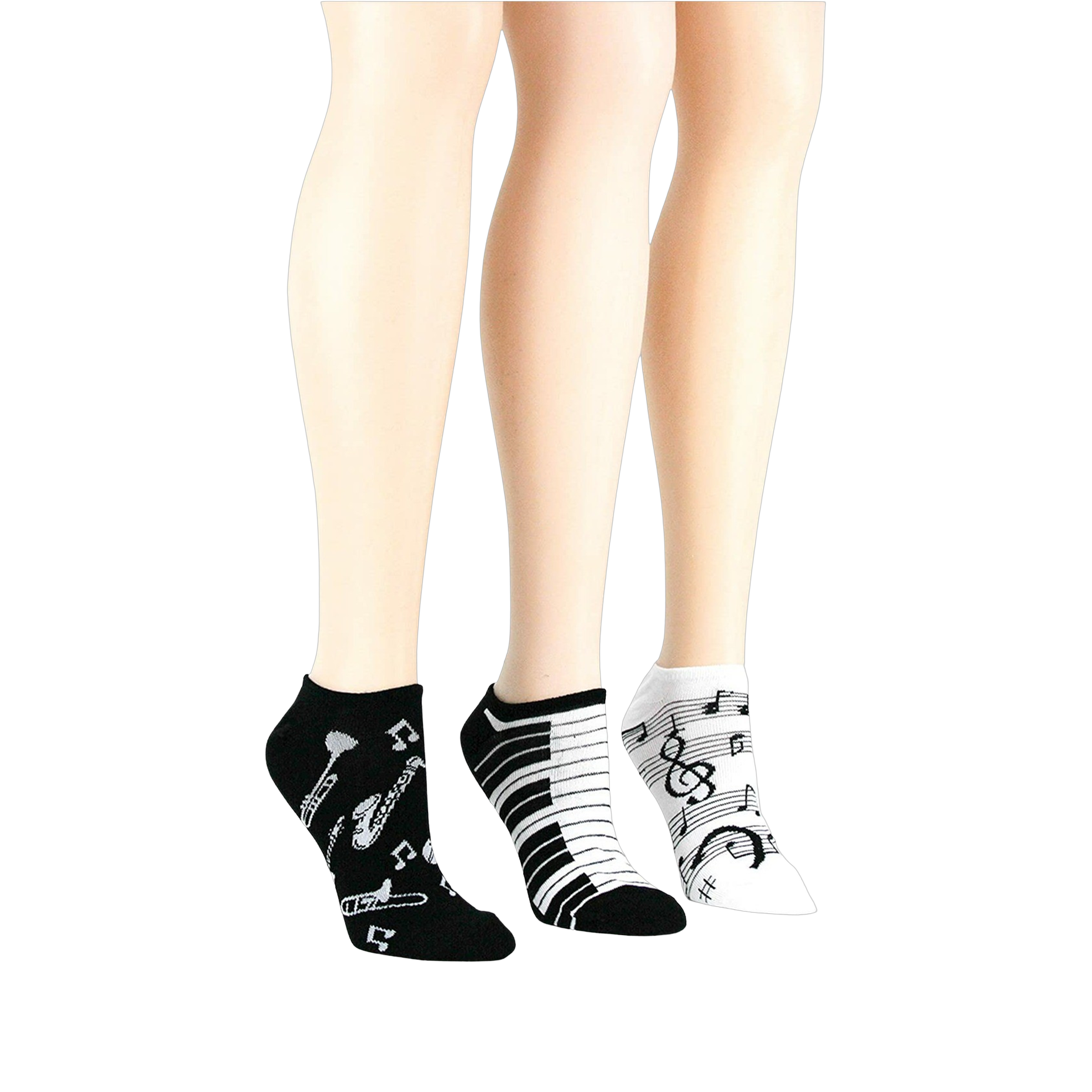 Lifestyle shot: three pairs of musical socks on mannequin legs.