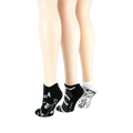 Lifestyle shot: different angle showing three pairs of musical socks on mannequin legs.