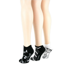 Lifestyle shot: different angle showing three pairs of musical socks on mannequin legs.