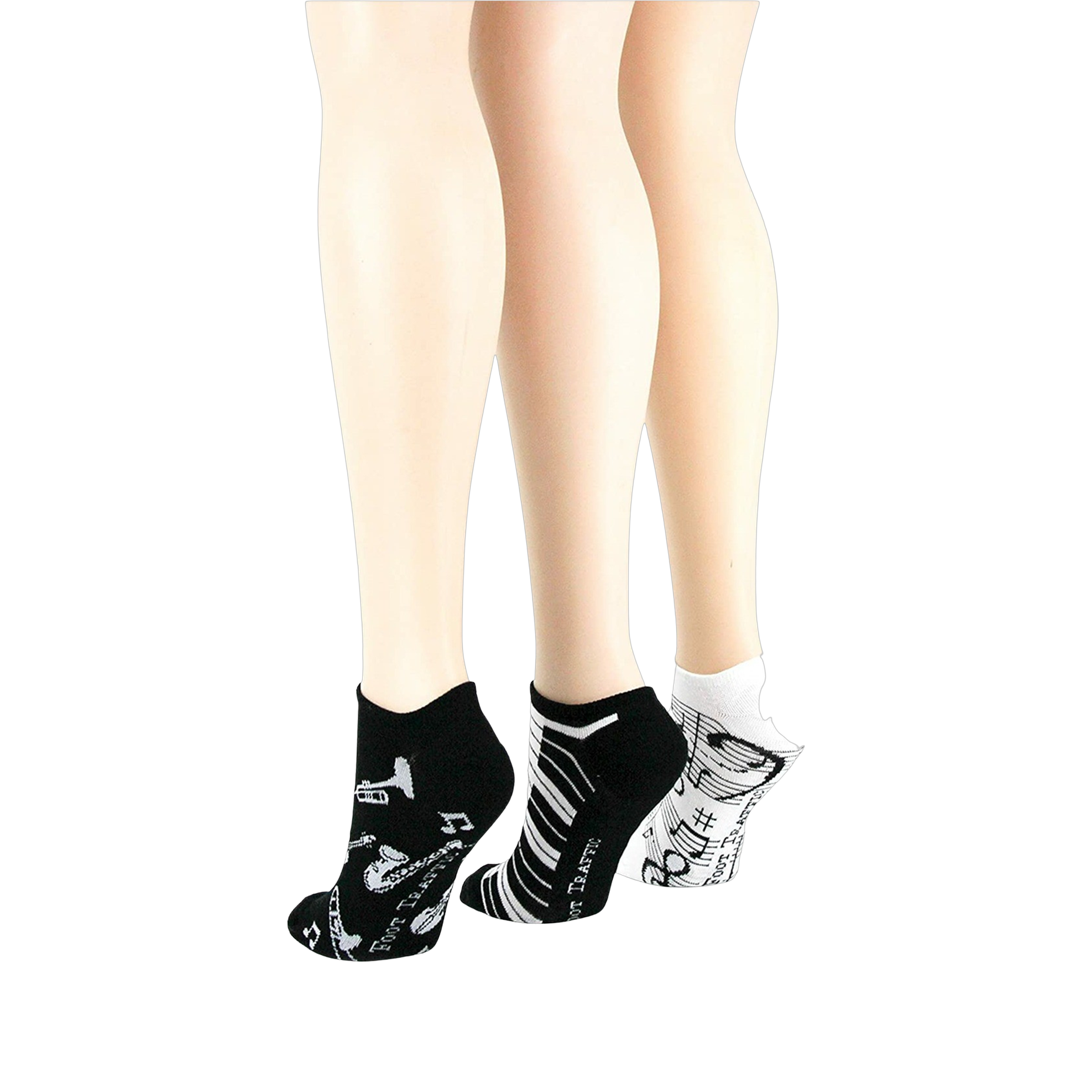 Lifestyle shot: different angle showing three pairs of musical socks on mannequin legs.