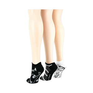 Lifestyle shot: different angle showing three pairs of musical socks on mannequin legs.