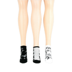 Lifestyle shot: another different angle showing three pairs of musical socks on mannequin legs.