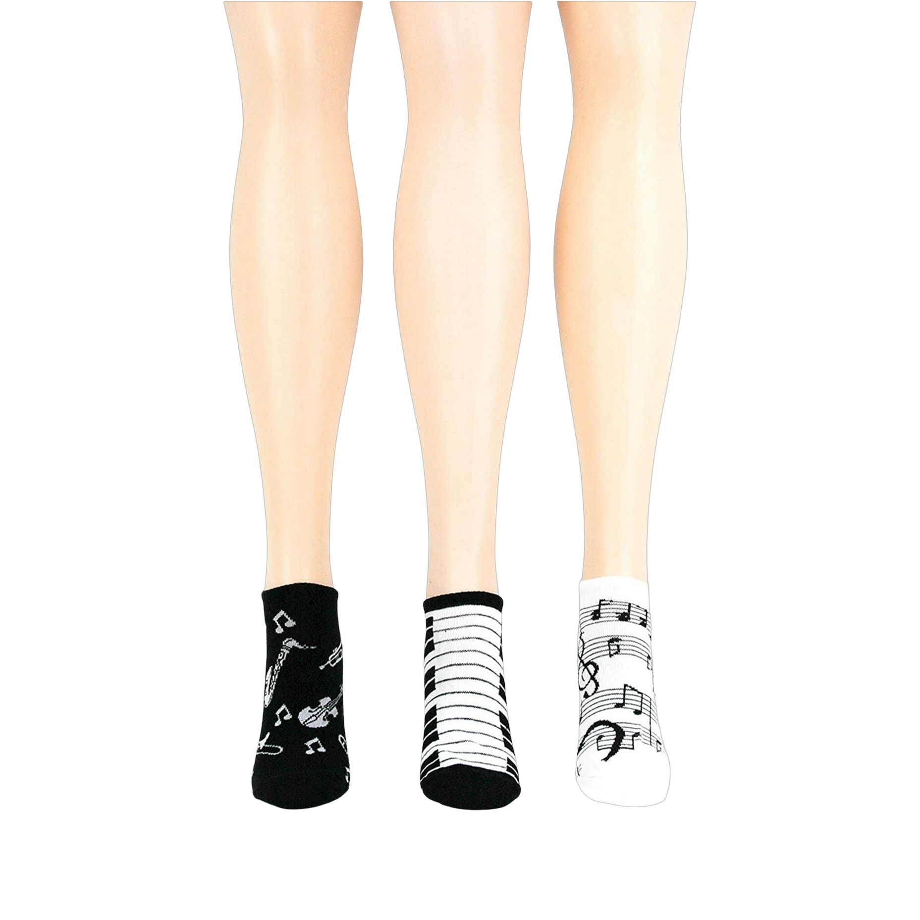 Lifestyle shot: another different angle showing three pairs of musical socks on mannequin legs.