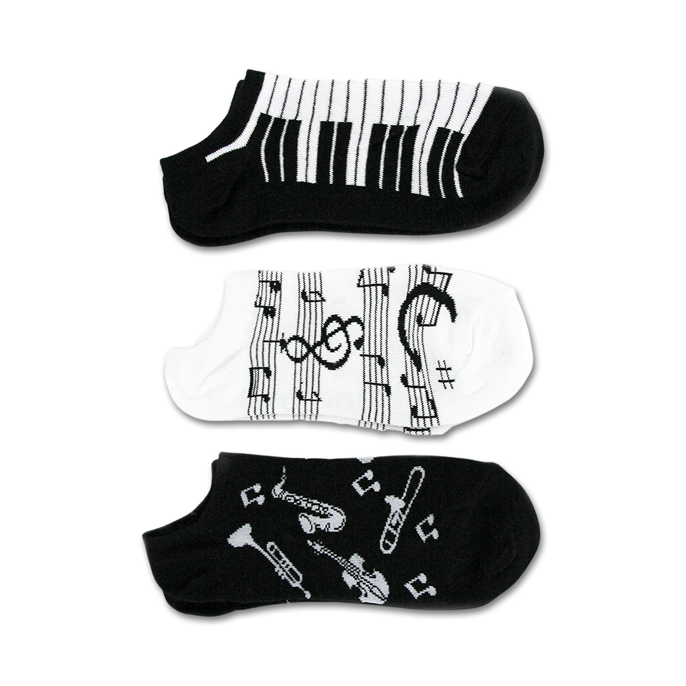 Three pairs of ankle socks; one black with musical instruments, one black and white piano keys, and one white with musical notes.
