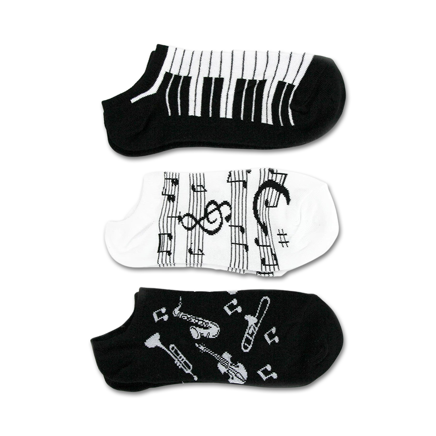 Three pairs of ankle socks; one black with musical instruments, one black and white piano keys, and one white with musical notes.