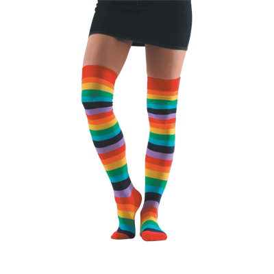 A pair of women's rainbow striped knee-high socks. The socks feature bold horizontal stripes in all the colors of the rainbow.
