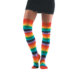 womens rainbow knee-high socks with red, orange, yellow, green, blue, and purple stripes.  
