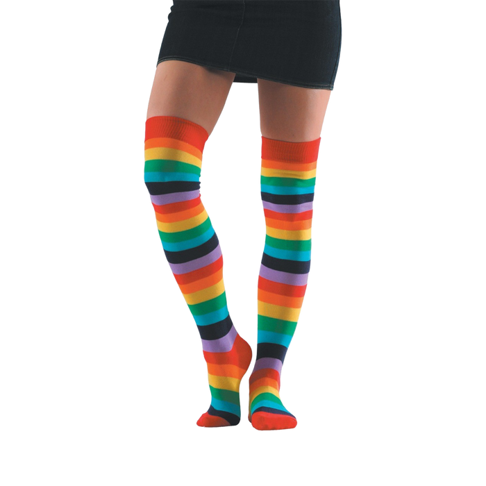 womens rainbow knee-high socks with red, orange, yellow, green, blue, and purple stripes.   }}
