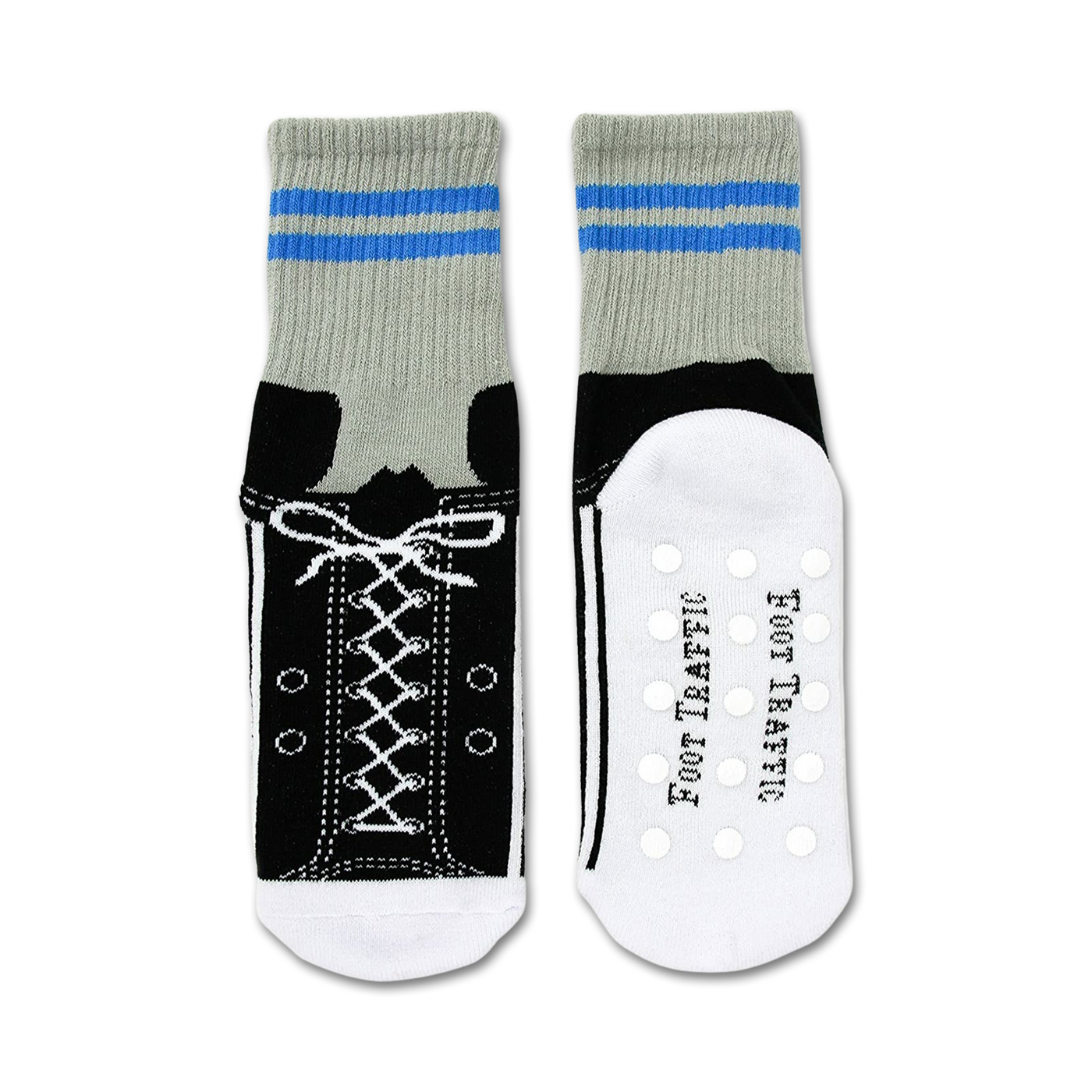 Flat lay image showing both socks, one with the sneaker design visible and the other displaying the non-skid soles.