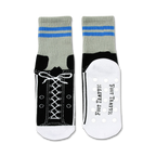 Flat lay image showing both socks, one with the sneaker design visible and the other displaying the non-skid soles.