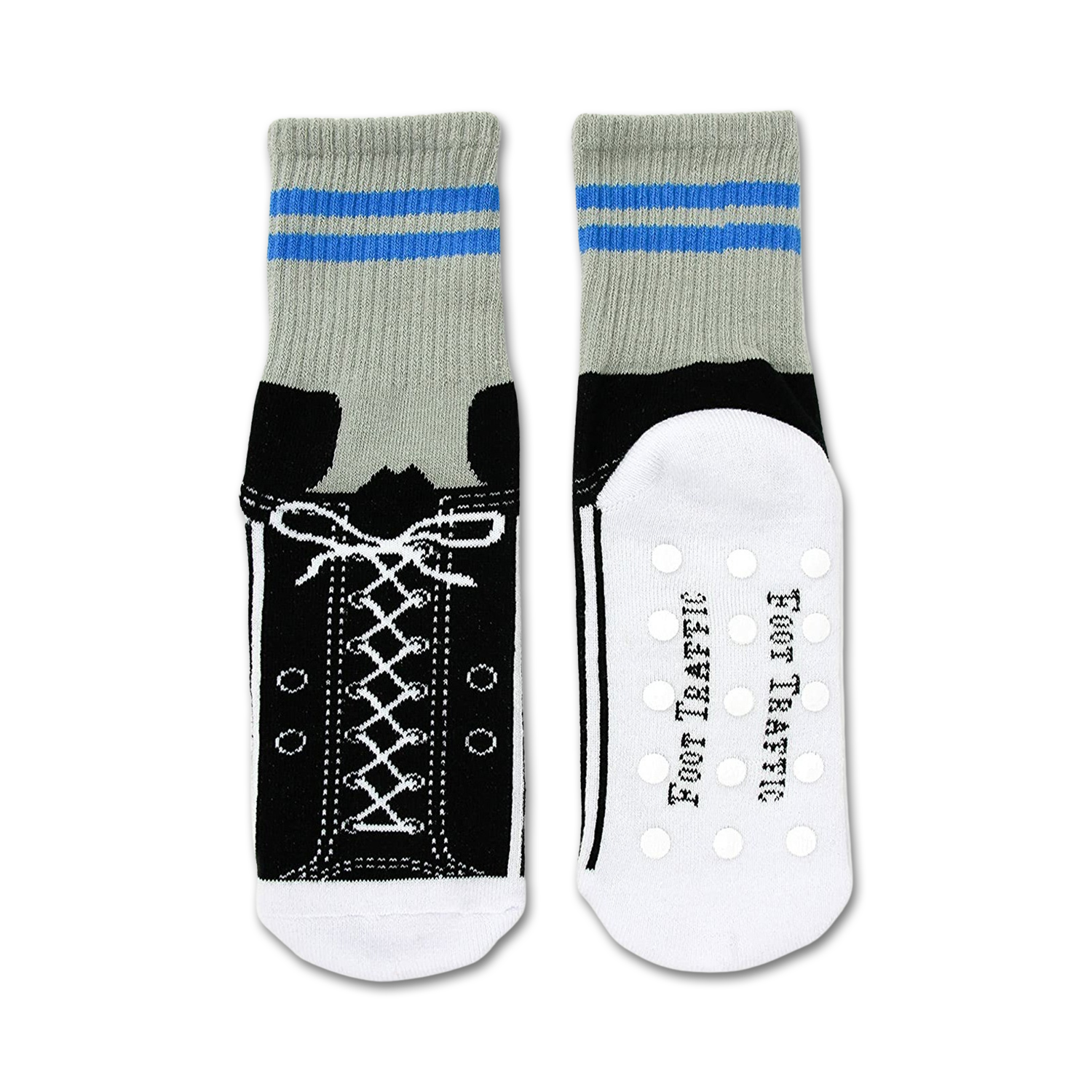 Flat lay image showing both socks, one with the sneaker design visible and the other displaying the non-skid soles.