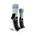 Gray and black crew socks with a sneaker design and blue stripes. Non-skid grips are visible on the bottom.