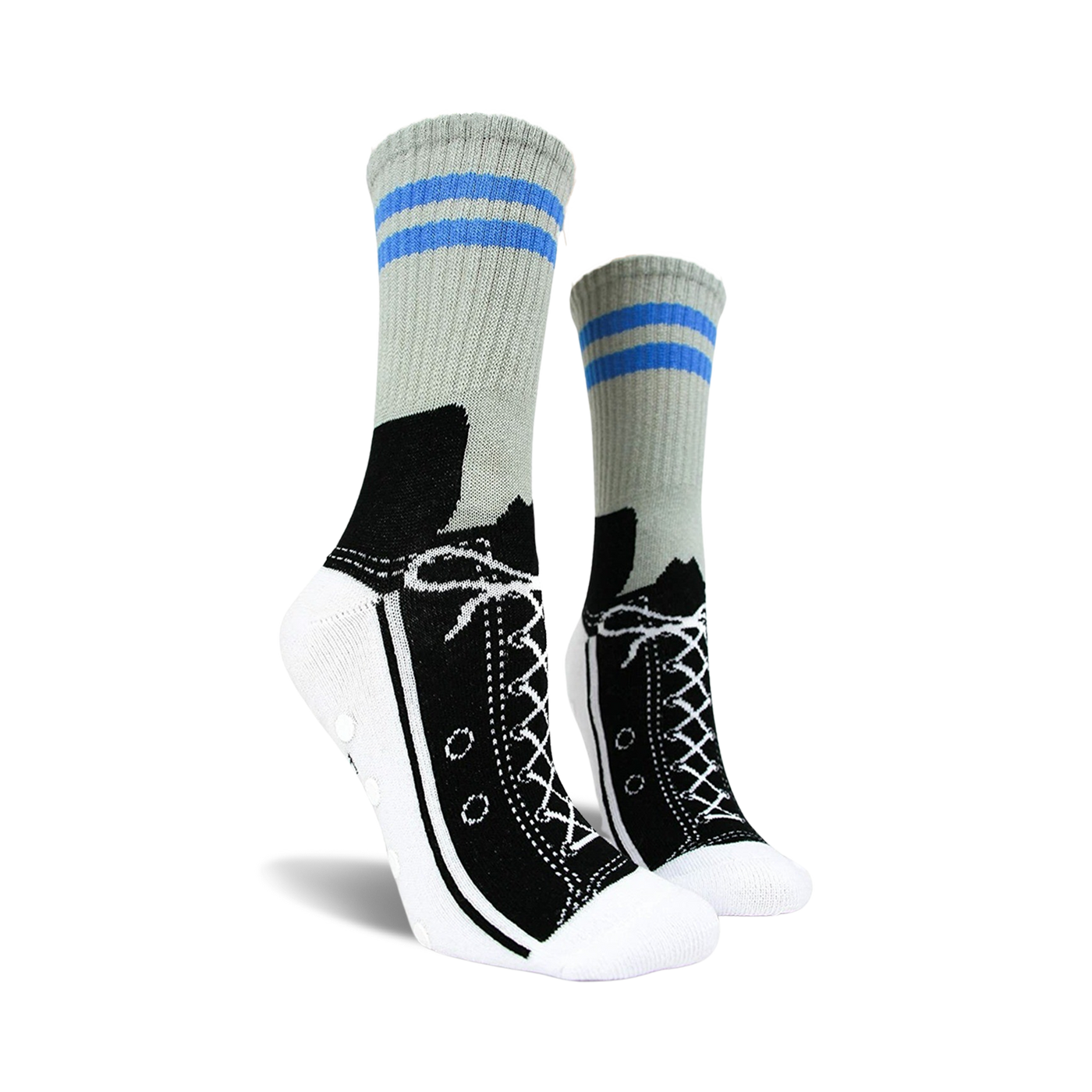 Gray and black crew socks with a sneaker design and blue stripes. Non-skid grips are visible on the bottom.
