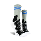 Gray and black crew socks with a sneaker design and blue stripes. Non-skid grips are visible on the bottom.