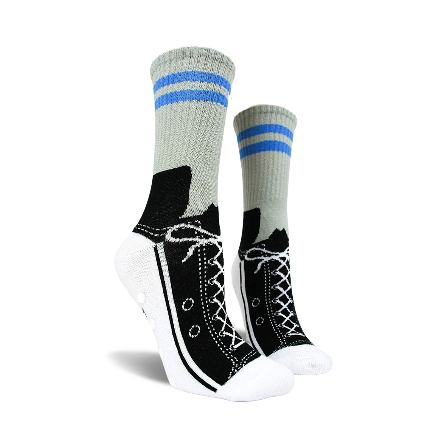 Gray and black crew socks with a sneaker design and blue stripes. Non-skid grips are visible on the bottom.