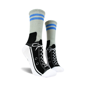 gray non-skid slipper-style crew socks with blue stripes and black sneaker design along with black dots on a white base. for women.   