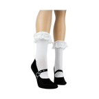 Lifestyle shot showing the socks on a model's legs with black Mary Jane shoes.